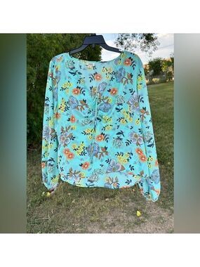 Ana Sheer Floral Summer Blouse V Neck W/ Bow Womens XL Blue Long Sleeves